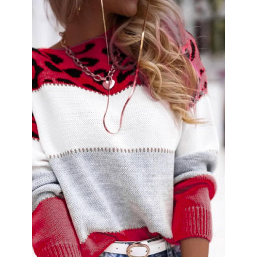 Leopard Color Block Round Neck Long Sleeve Sweater Apparel and Accessories