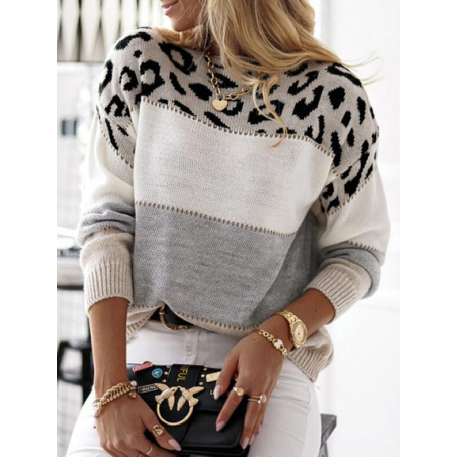 Leopard Color Block Round Neck Long Sleeve Sweater Gray / One Size Apparel and Accessories