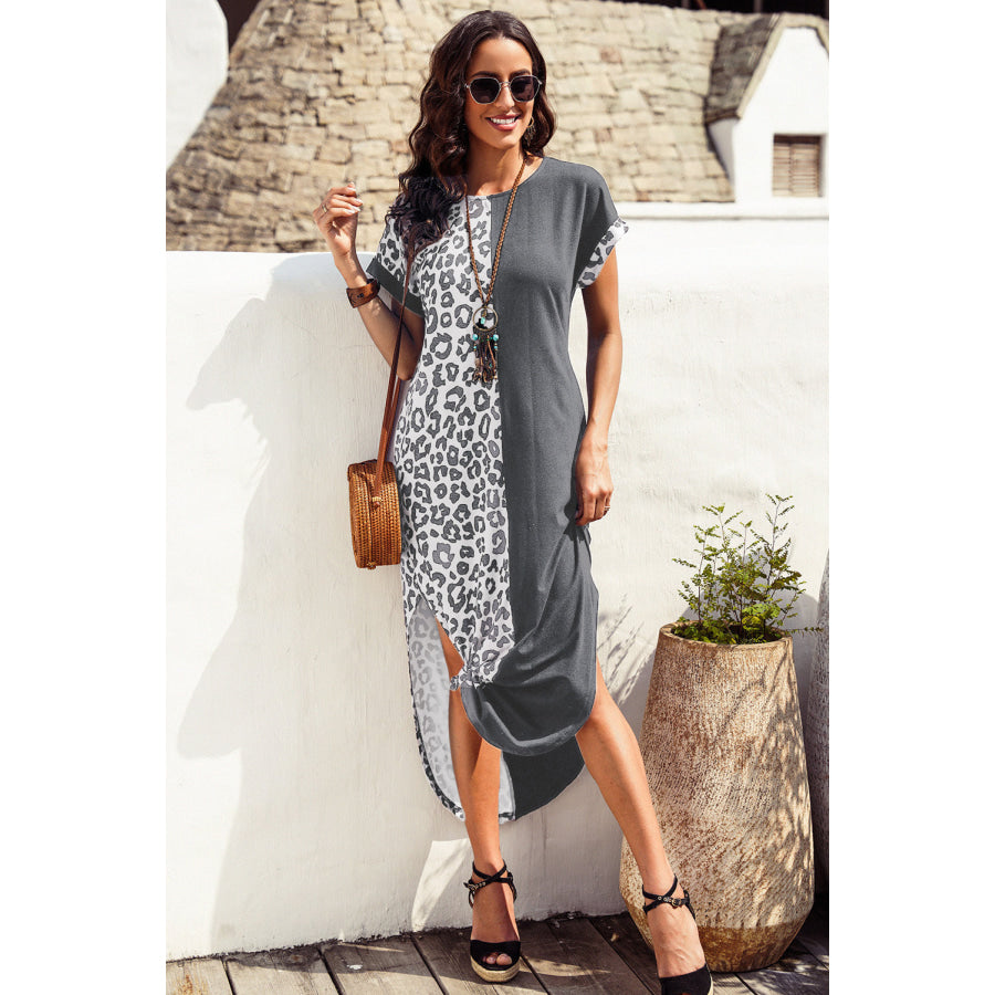 Leopard Color Block Split Dress