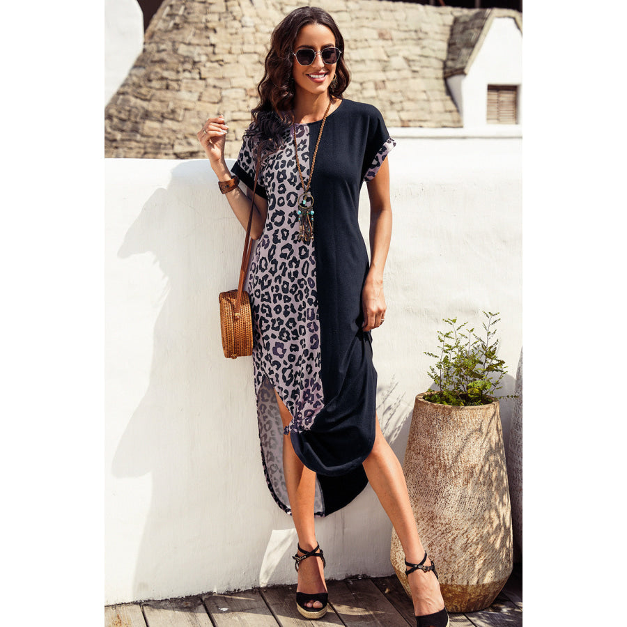 Leopard Color Block Split Dress