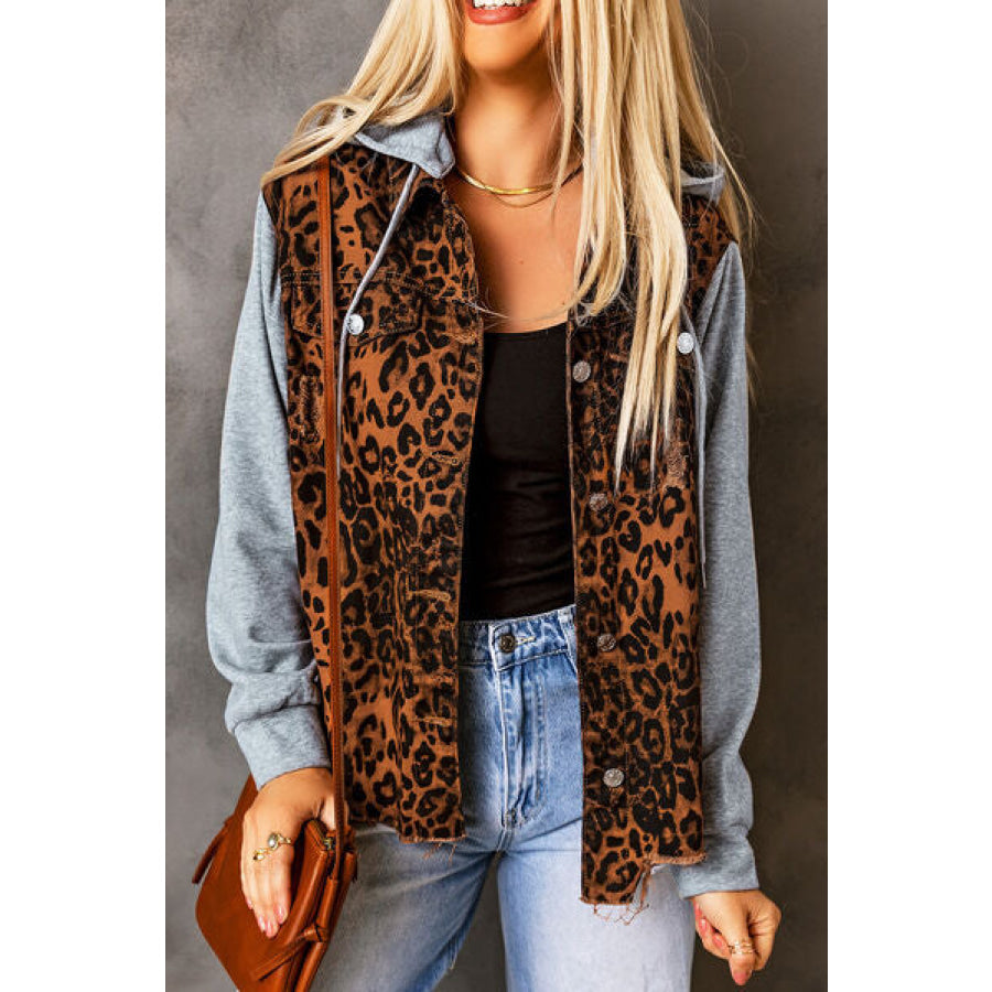 Leopard Distressed Drawstring Hooded Denim Jacket Clothing