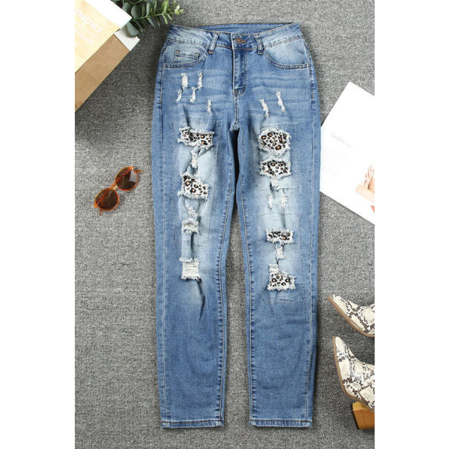 Leopard Distressed Pocketed Straight Jeans Medium / S Clothing