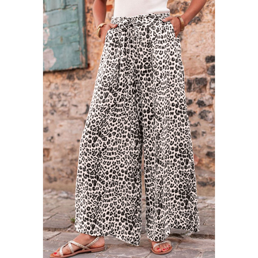 Leopard Drawstring Wide Leg Pants Beige / S Apparel and Accessories