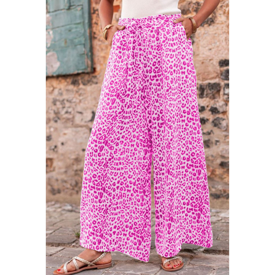 Leopard Drawstring Wide Leg Pants Fuchsia Pink / S Apparel and Accessories