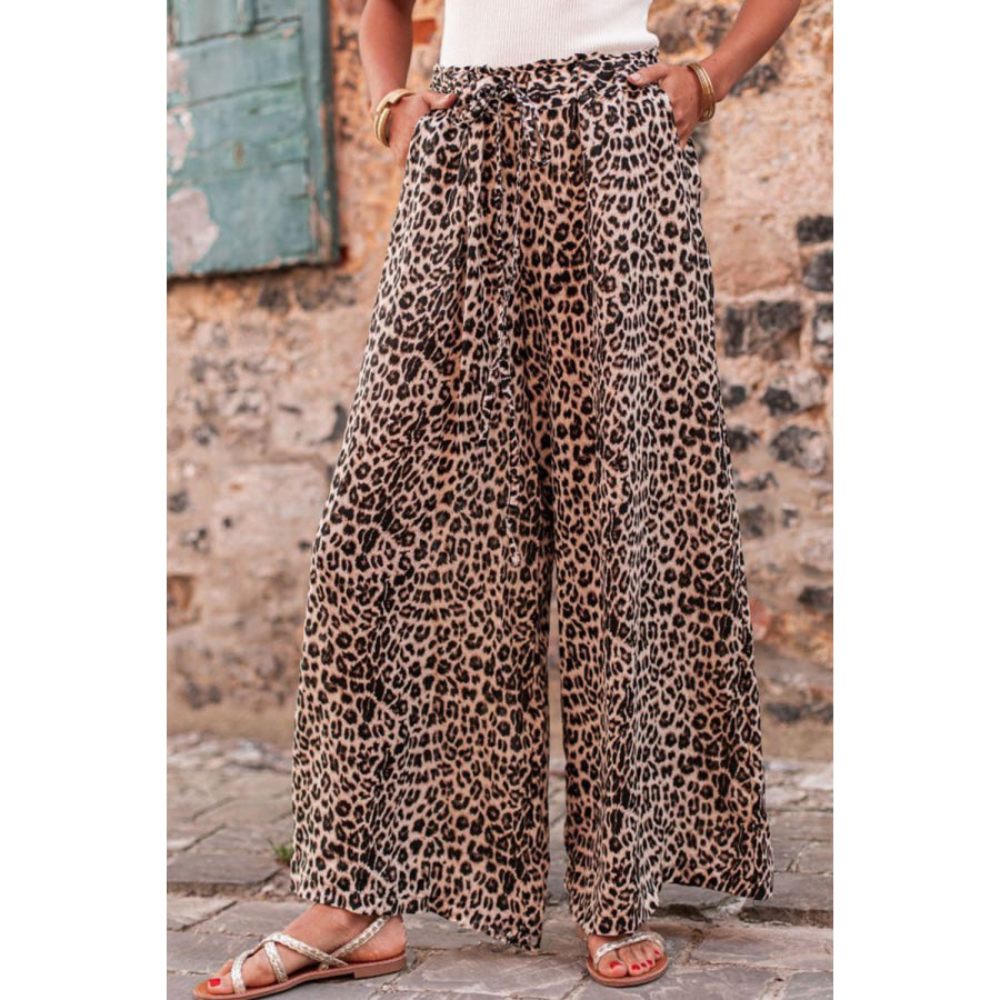 Leopard Drawstring Wide Leg Pants Leopard / S Apparel and Accessories