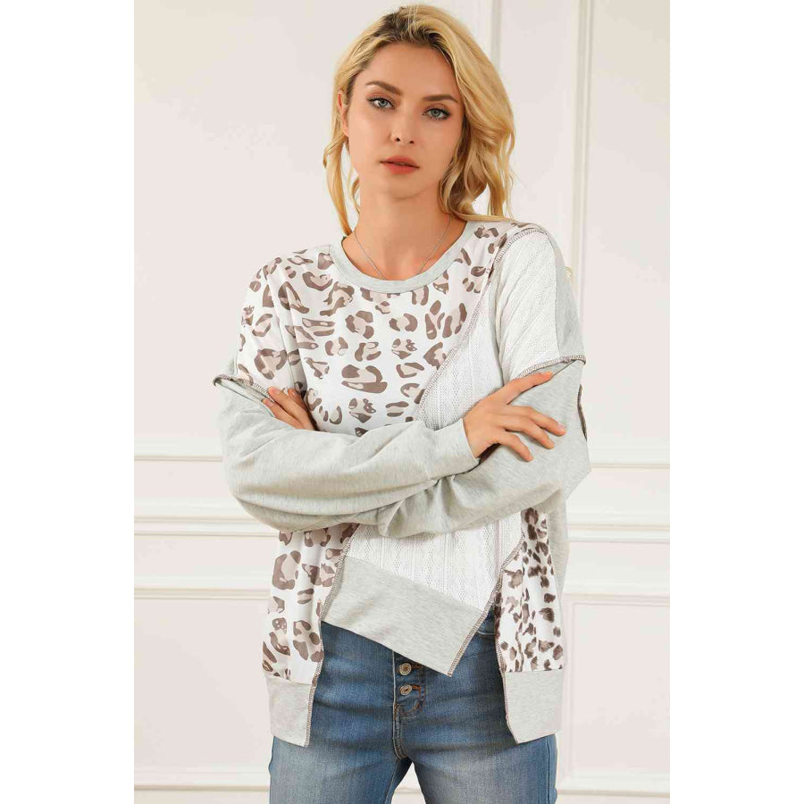 Leopard Exposed Seams Round Neck Sweatshirt
