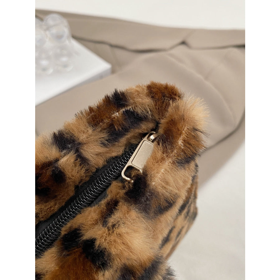 Leopard Fluff Handbag with Zip Leopard / One Size Apparel and Accessories