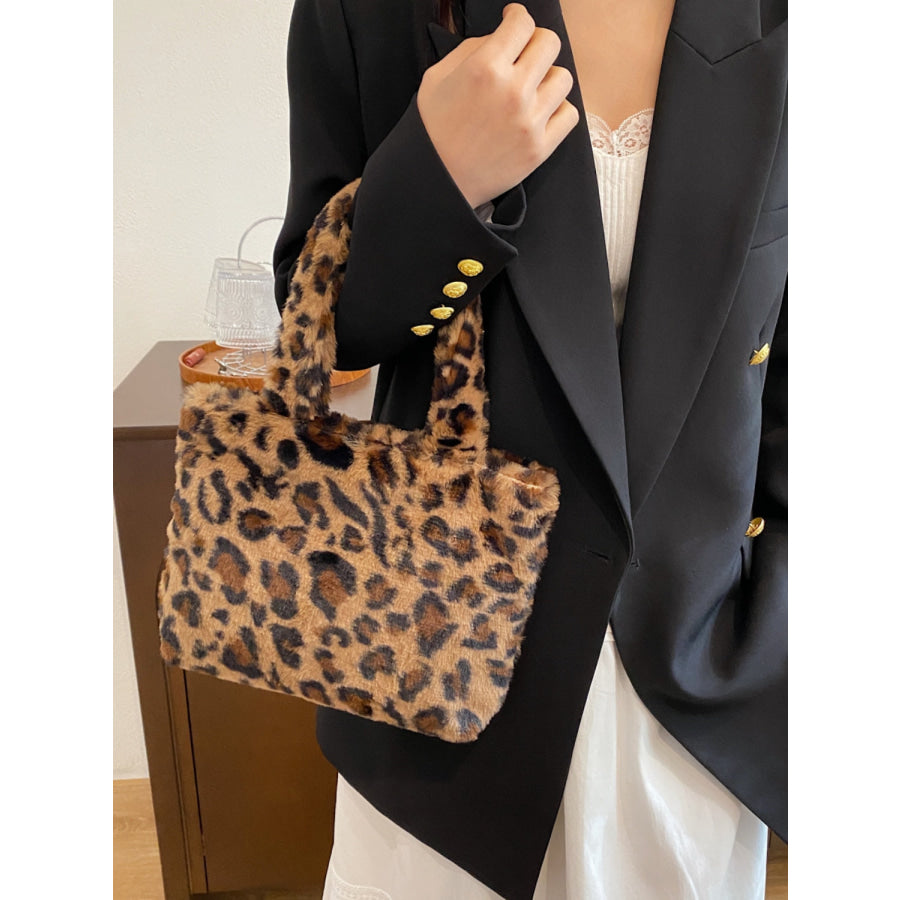 Leopard Fluff Handbag with Zip Leopard / One Size Apparel and Accessories
