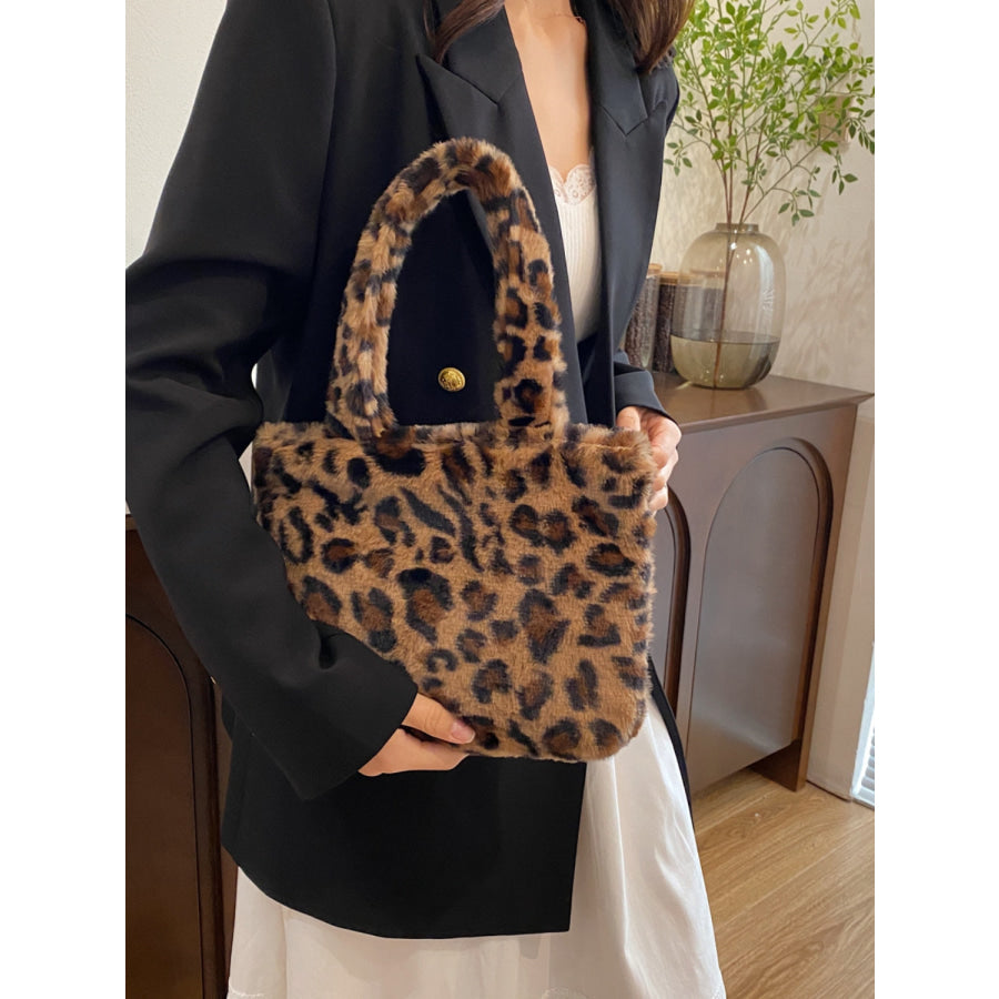 Leopard Fluff Handbag with Zip Leopard / One Size Apparel and Accessories