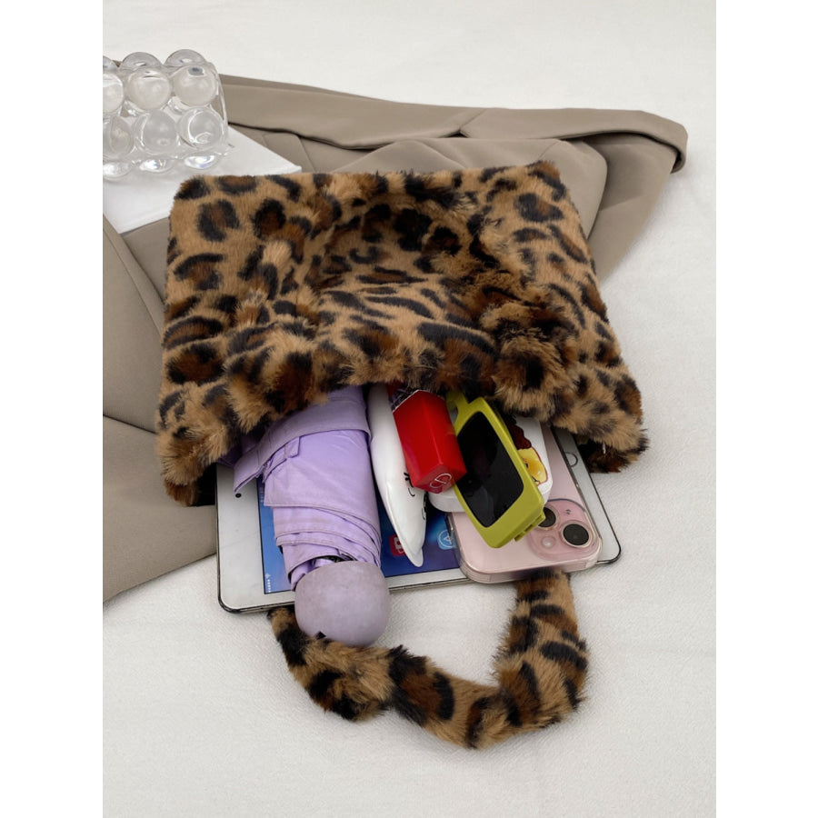 Leopard Fluff Handbag with Zip Leopard / One Size Apparel and Accessories