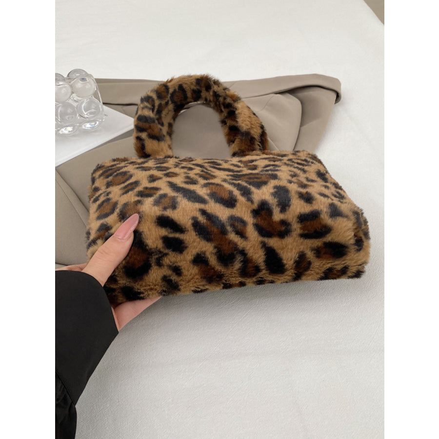 Leopard Fluff Handbag with Zip Leopard / One Size Apparel and Accessories
