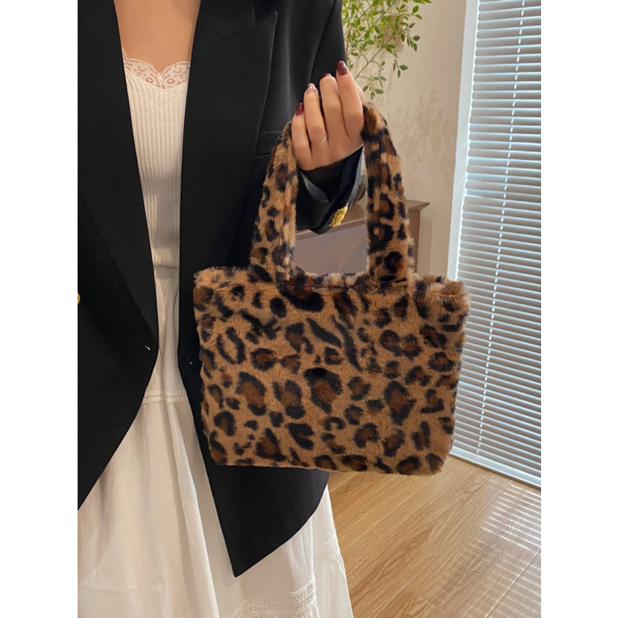 Leopard Fluff Handbag with Zip Leopard / One Size Apparel and Accessories