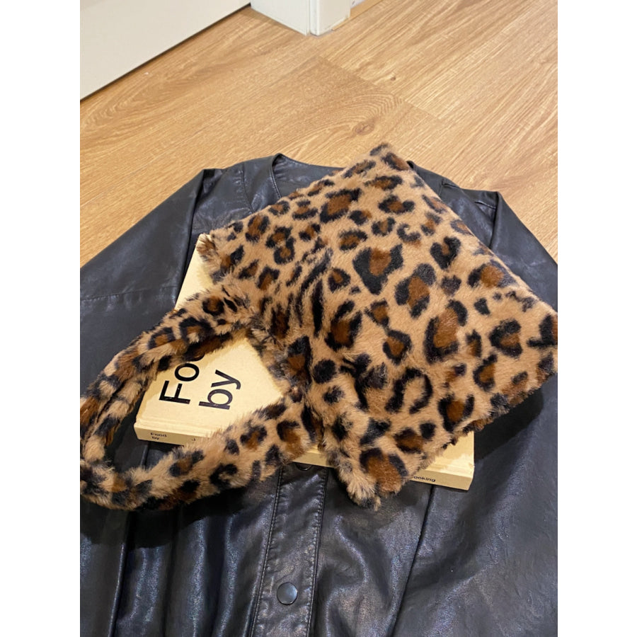 Leopard Fluff Handbag with Zip Leopard / One Size Apparel and Accessories