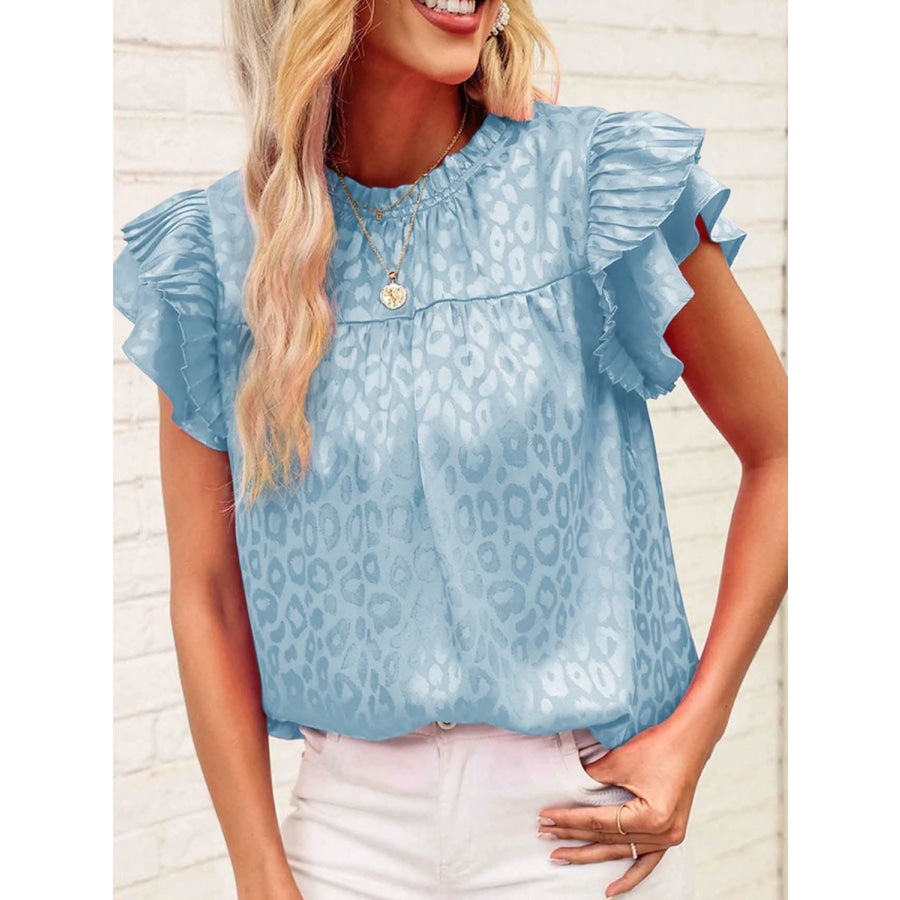 Leopard Frill Mock Neck Ruffled Cap Sleeve Top Apparel and Accessories