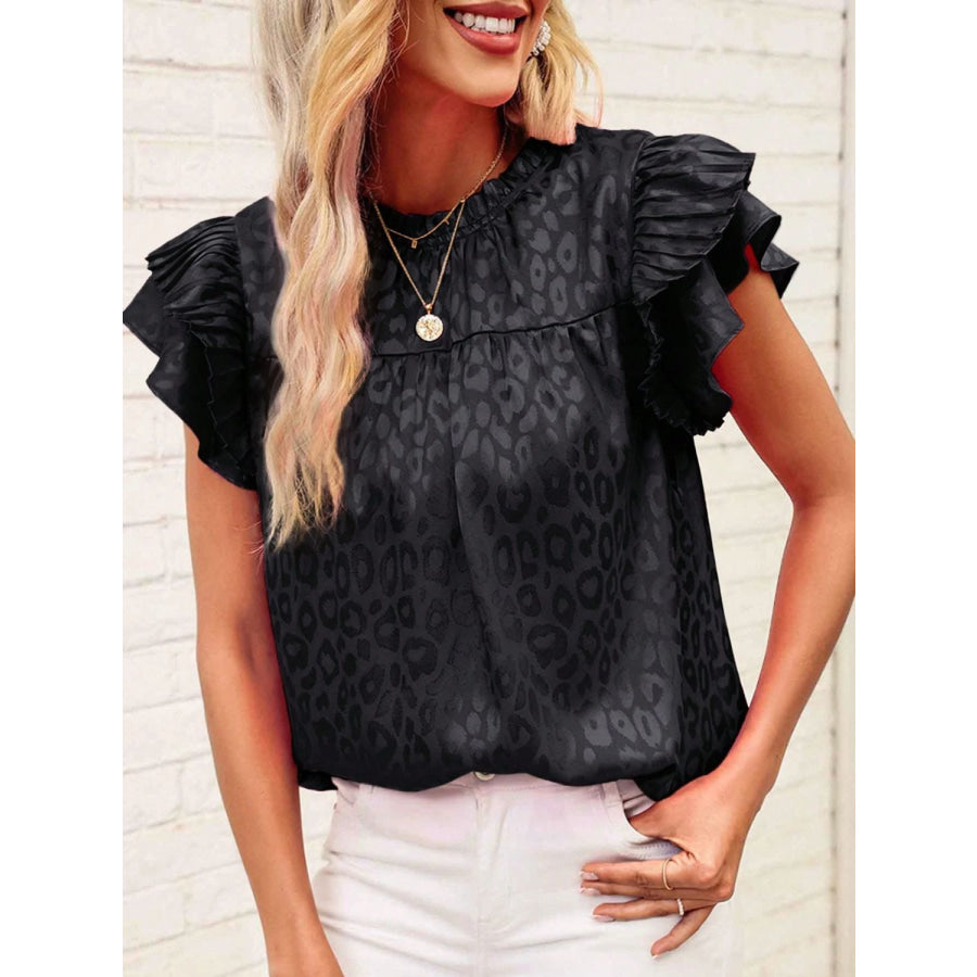 Leopard Frill Mock Neck Ruffled Cap Sleeve Top Apparel and Accessories