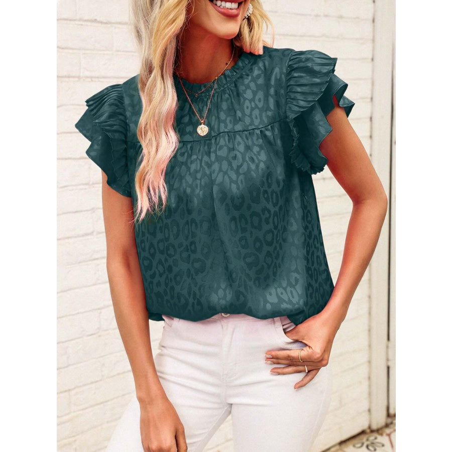 Leopard Frill Mock Neck Ruffled Cap Sleeve Top Apparel and Accessories