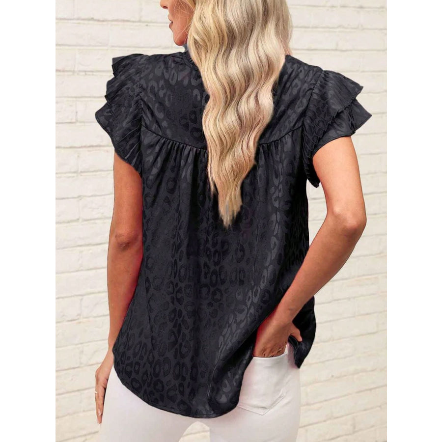 Leopard Frill Mock Neck Ruffled Cap Sleeve Top Apparel and Accessories