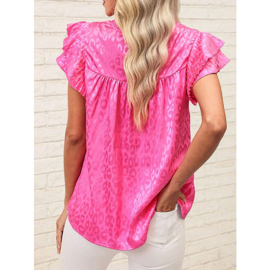 Leopard Frill Mock Neck Ruffled Cap Sleeve Top Apparel and Accessories