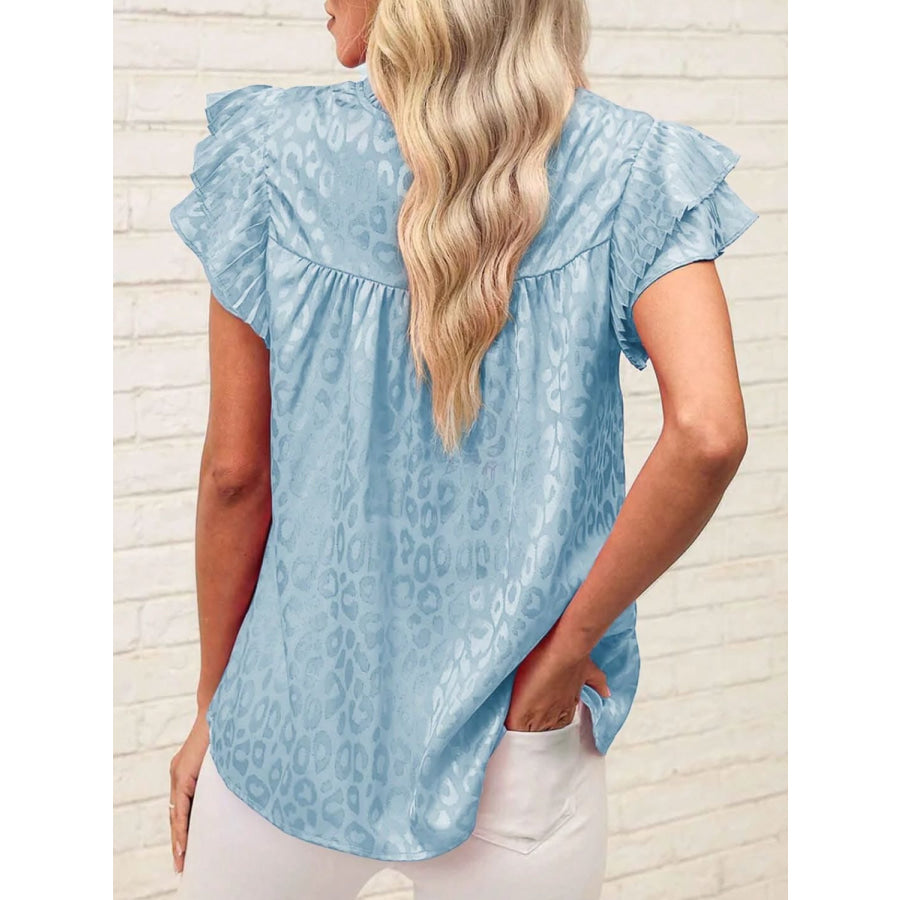 Leopard Frill Mock Neck Ruffled Cap Sleeve Top Apparel and Accessories