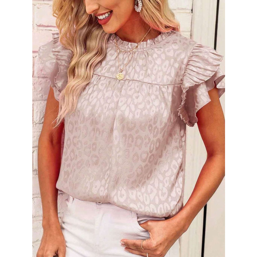 Leopard Frill Mock Neck Ruffled Cap Sleeve Top Apparel and Accessories