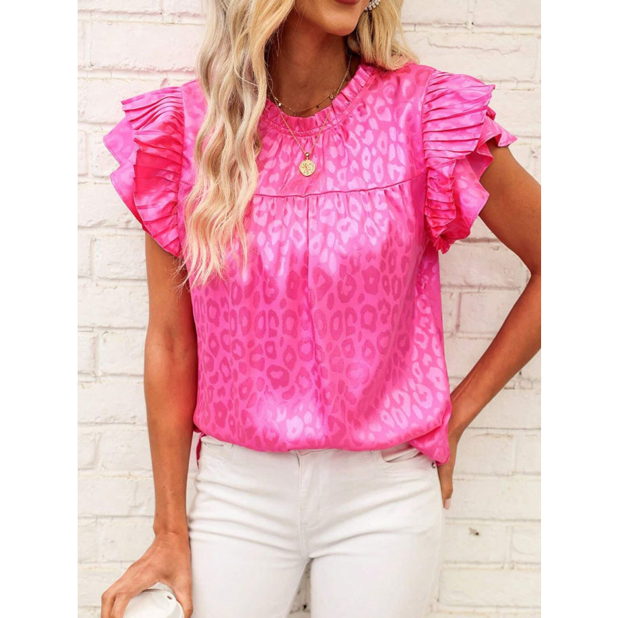 Leopard Frill Mock Neck Ruffled Cap Sleeve Top Apparel and Accessories