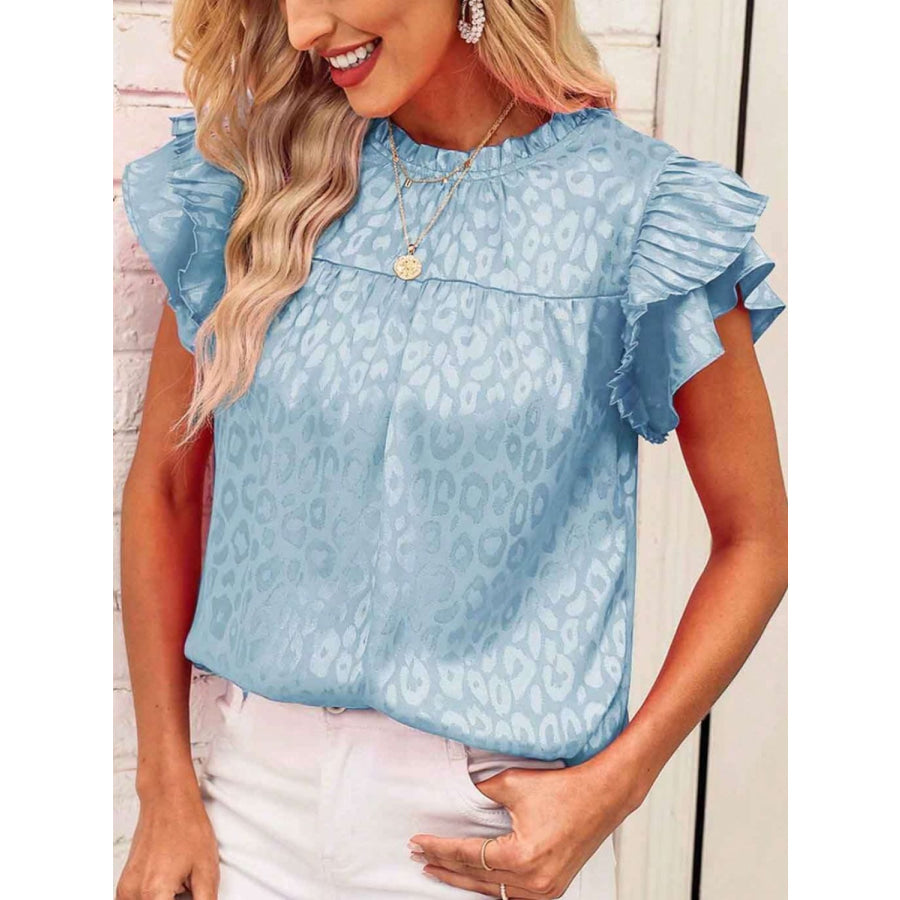 Leopard Frill Mock Neck Ruffled Cap Sleeve Top Apparel and Accessories