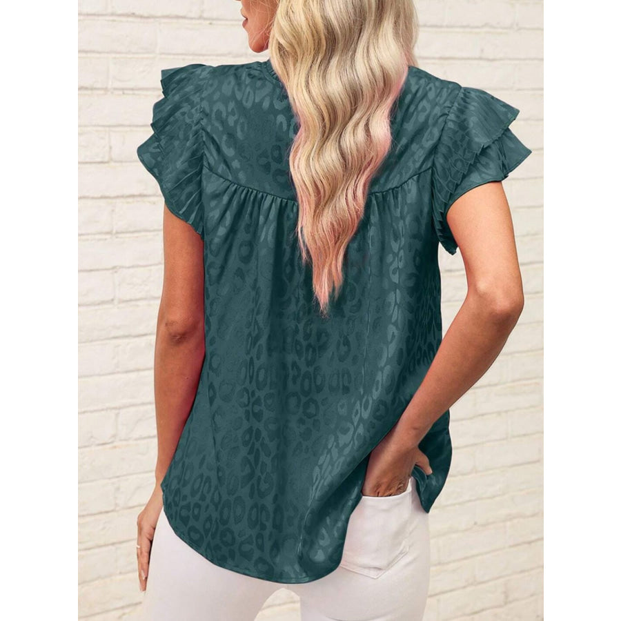 Leopard Frill Mock Neck Ruffled Cap Sleeve Top Apparel and Accessories