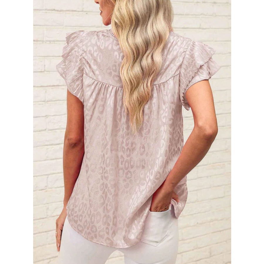 Leopard Frill Mock Neck Ruffled Cap Sleeve Top Apparel and Accessories