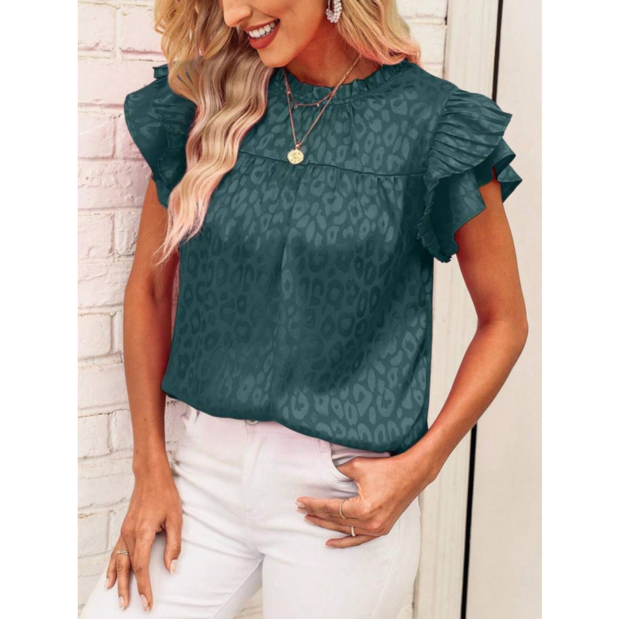 Leopard Frill Mock Neck Ruffled Cap Sleeve Top Apparel and Accessories