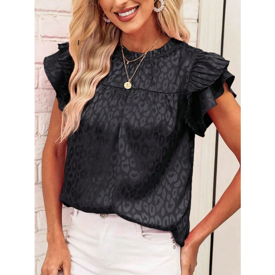 Leopard Frill Mock Neck Ruffled Cap Sleeve Top Black / S Apparel and Accessories