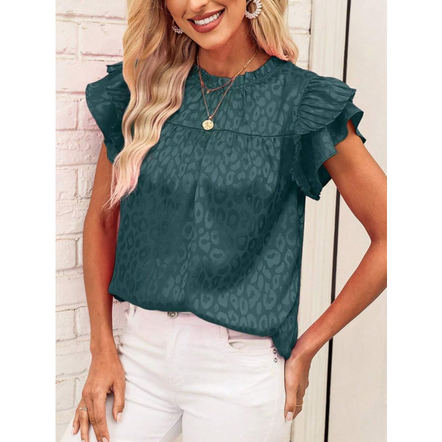 Leopard Frill Mock Neck Ruffled Cap Sleeve Top Deep Teal / S Apparel and Accessories