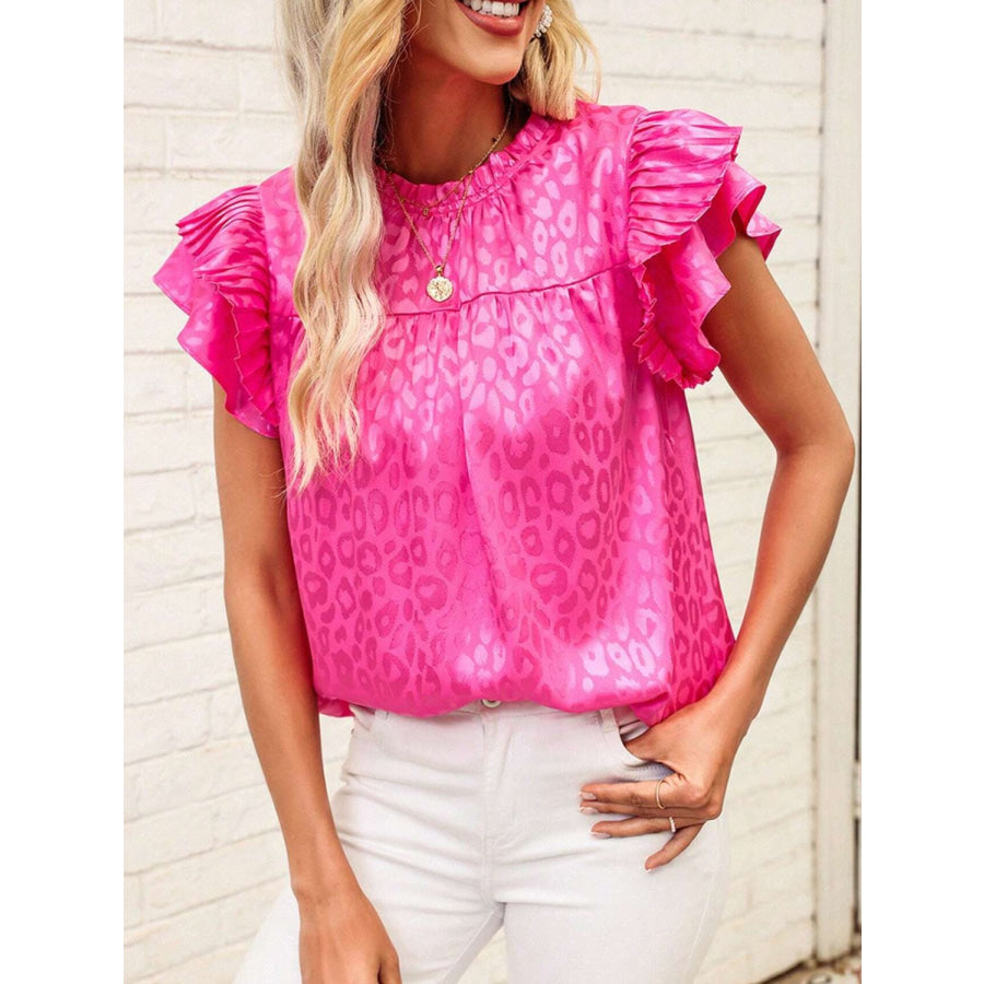 Leopard Frill Mock Neck Ruffled Cap Sleeve Top Fuchsia Pink / S Apparel and Accessories