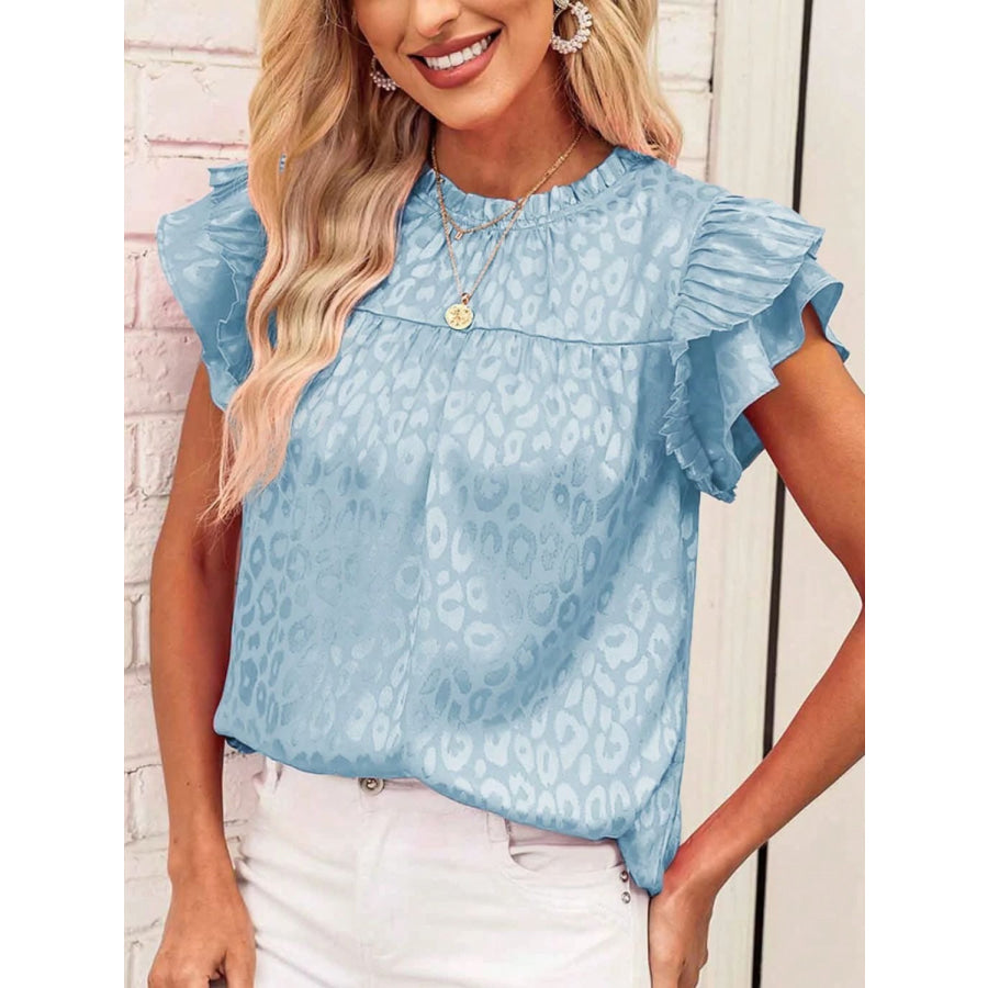 Leopard Frill Mock Neck Ruffled Cap Sleeve Top Light Blue / S Apparel and Accessories