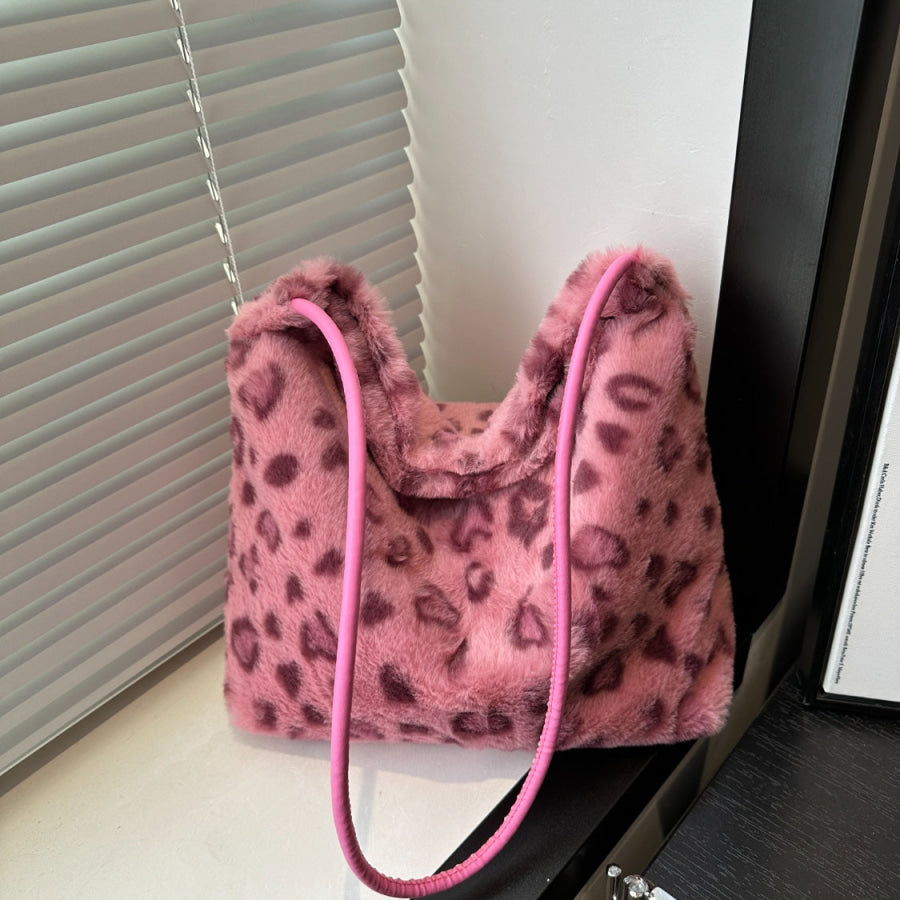 Leopard Furry Shoulder Bag Hot Pink / One Size Apparel and Accessories