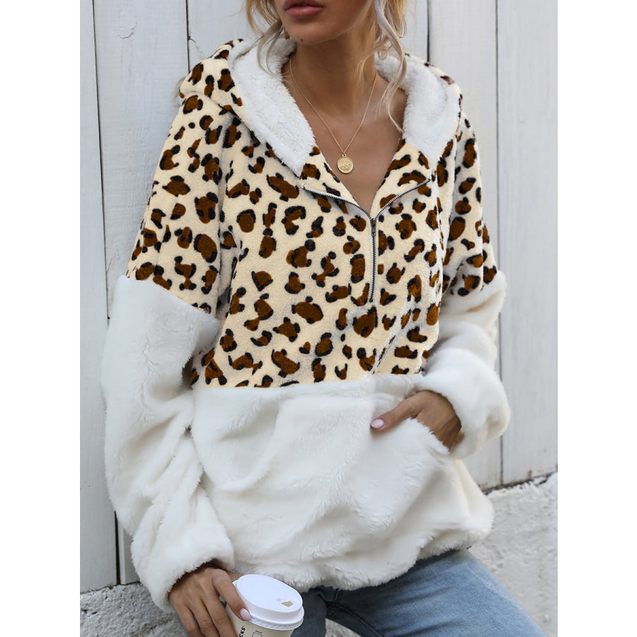 Leopard Half-Zip Dropped Shoulder Hoodie