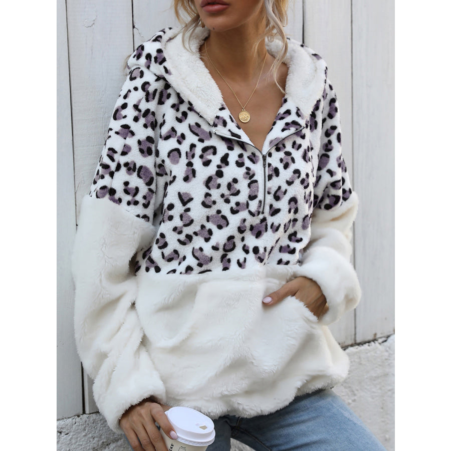 Leopard Half-Zip Dropped Shoulder Hoodie