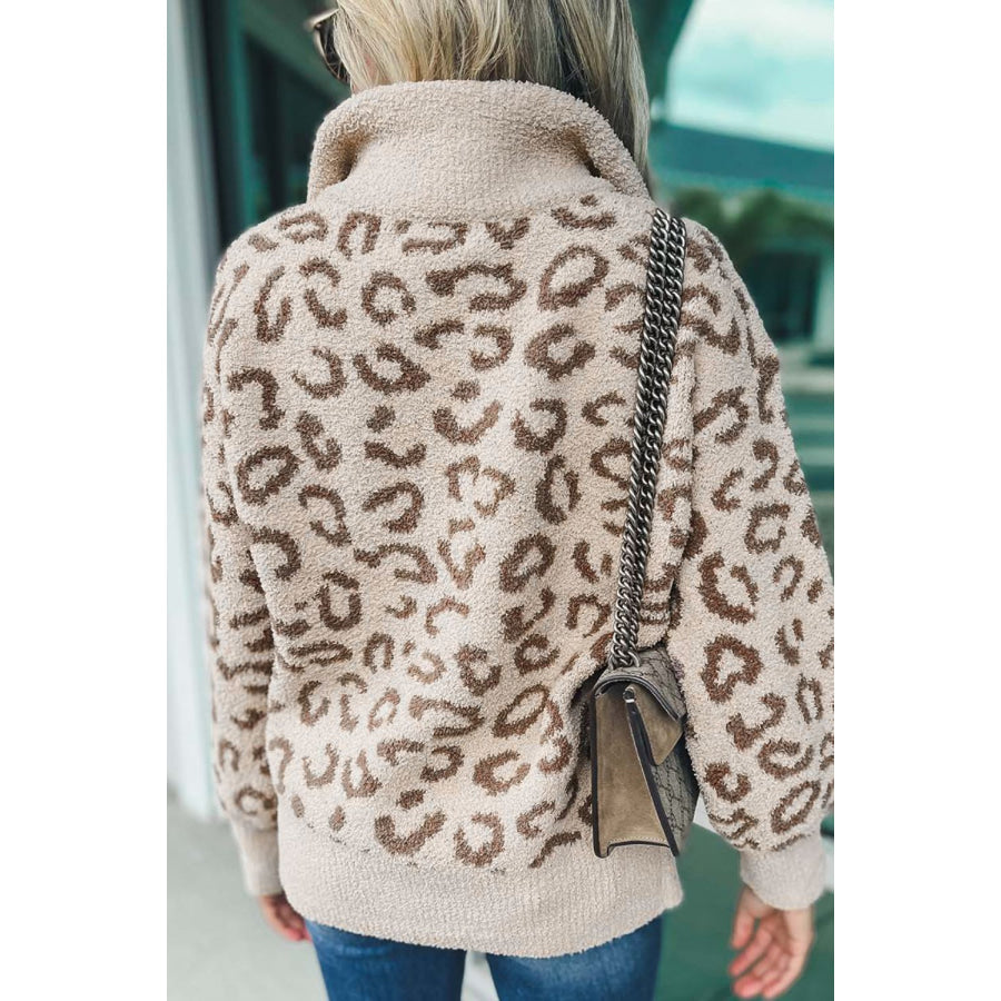 Leopard Half Zip Long Sleeve Sweater Apparel and Accessories