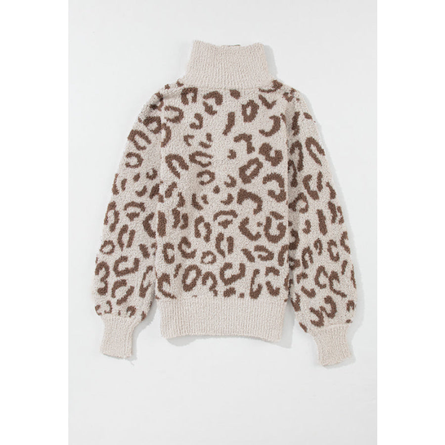 Leopard Half Zip Long Sleeve Sweater Apparel and Accessories