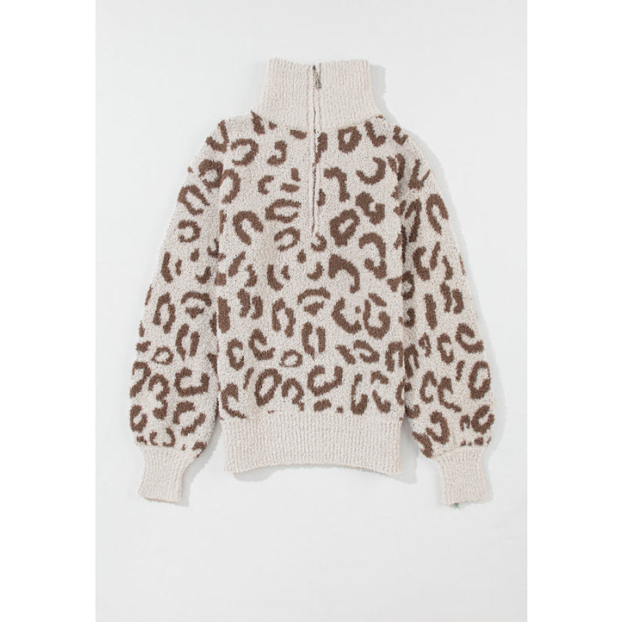 Leopard Half Zip Long Sleeve Sweater Apparel and Accessories