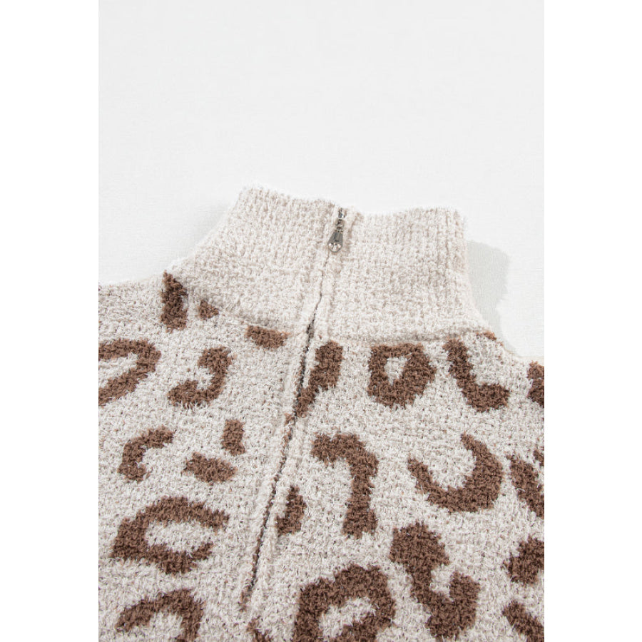 Leopard Half Zip Long Sleeve Sweater Apparel and Accessories