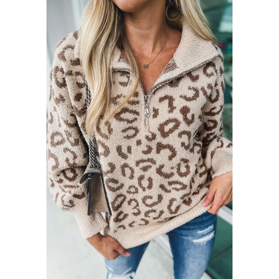 Leopard Half Zip Long Sleeve Sweater Leopard / S Apparel and Accessories