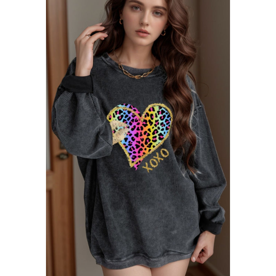 Leopard Heart Drop Shoulder Long Sleeve Sweatshirt Dark Gray / S Apparel and Accessories