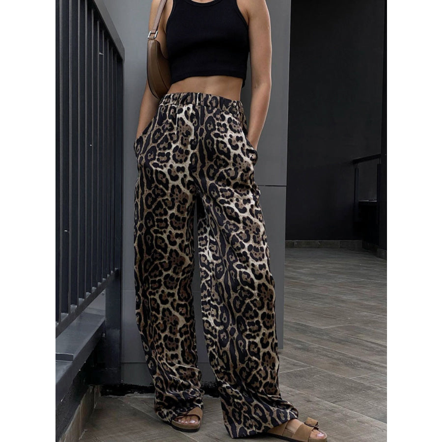 Leopard High Waist Wide Leg Pants Black / S Apparel and Accessories