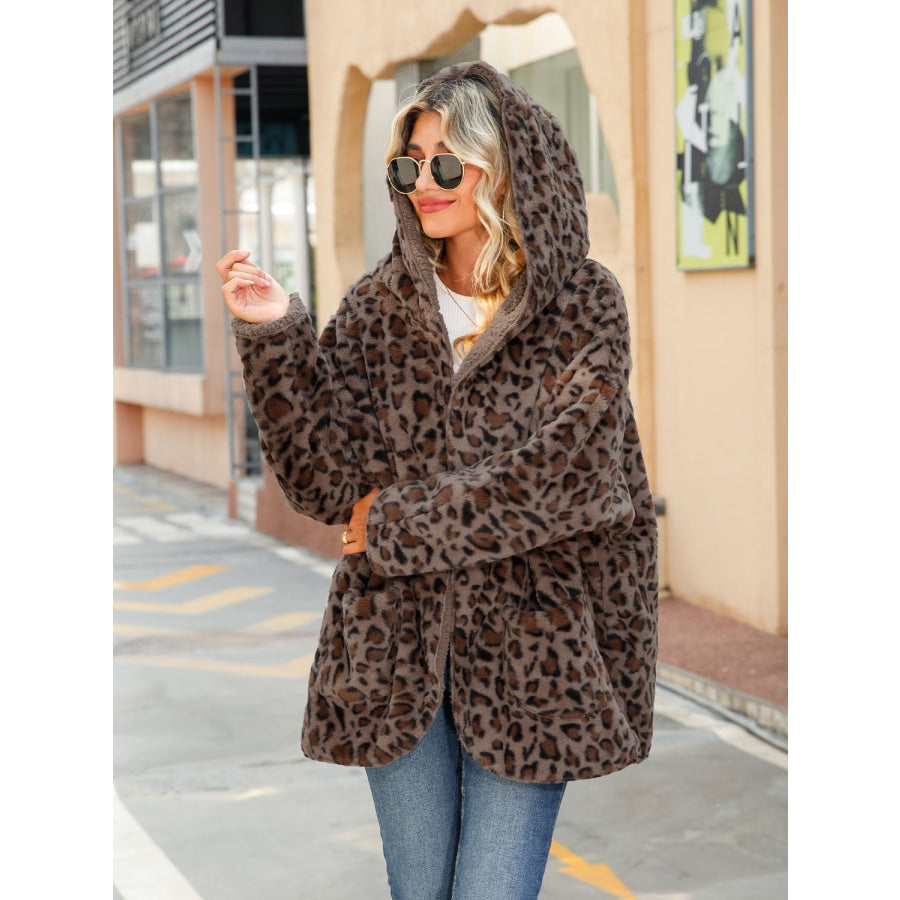 Leopard Hooded Coat with Pockets