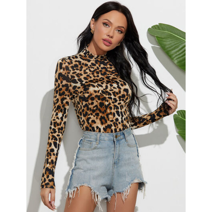 Leopard Mock Neck Long Sleeve T-Shirt Clothing