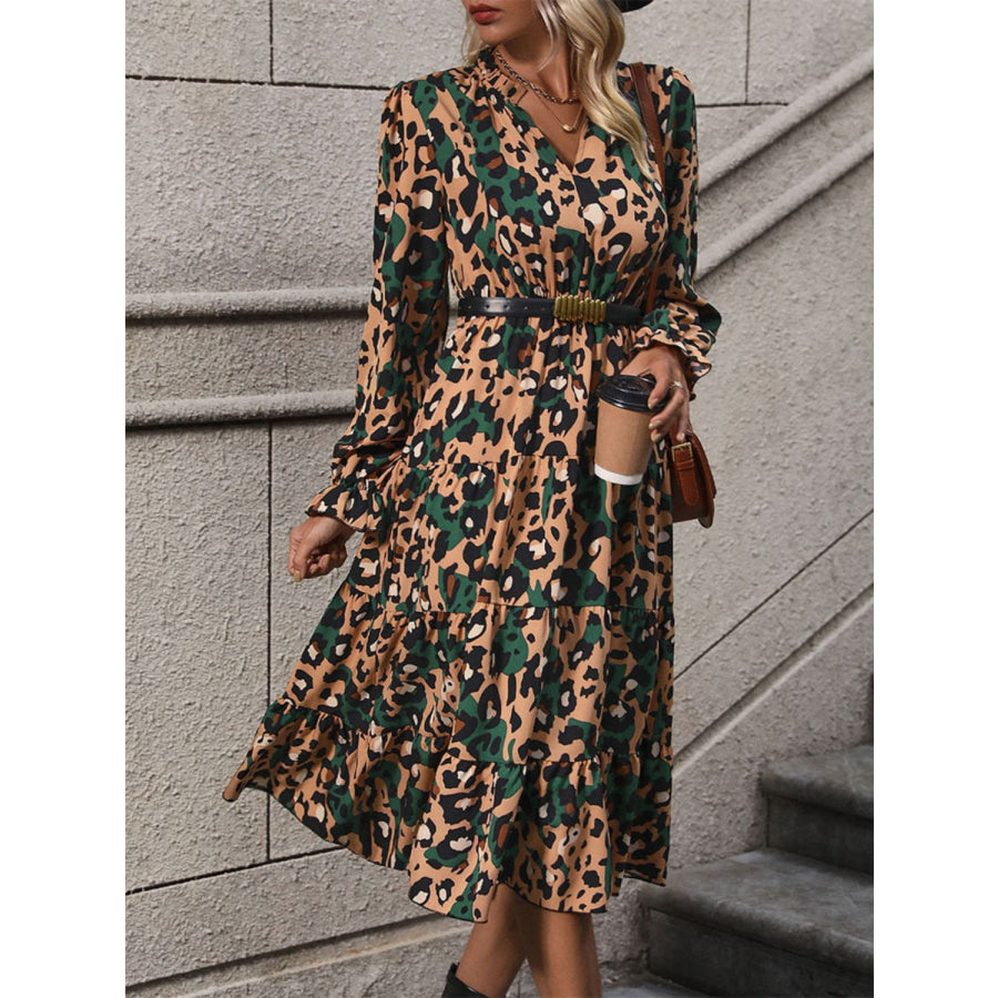 Leopard Notched Flounce Sleeve Midi Dress Apparel and Accessories