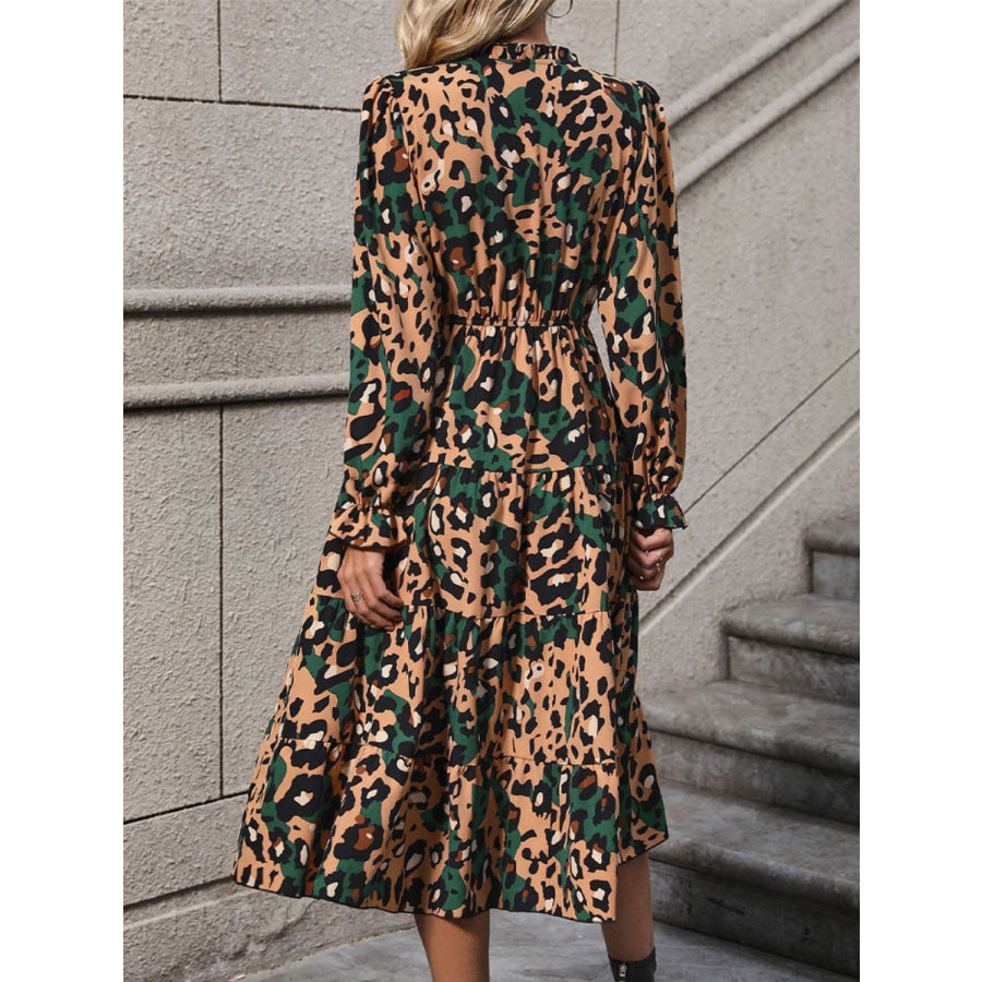 Leopard Notched Flounce Sleeve Midi Dress Apparel and Accessories