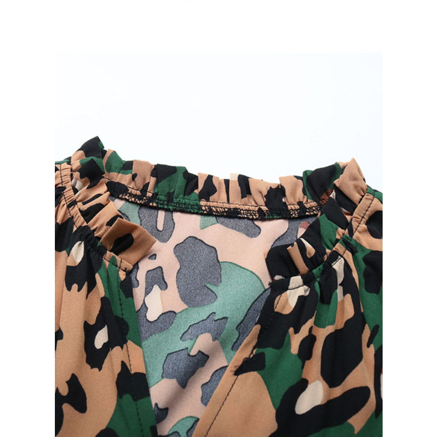 Leopard Notched Flounce Sleeve Midi Dress Apparel and Accessories