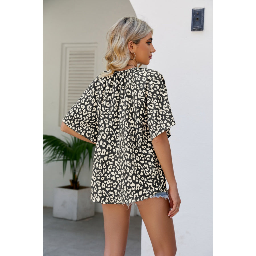 Leopard Notched Half Sleeve Blouse Apparel and Accessories