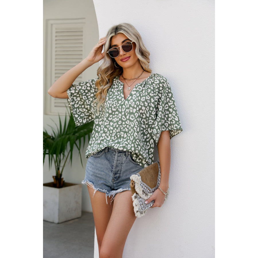 Leopard Notched Half Sleeve Blouse Apparel and Accessories